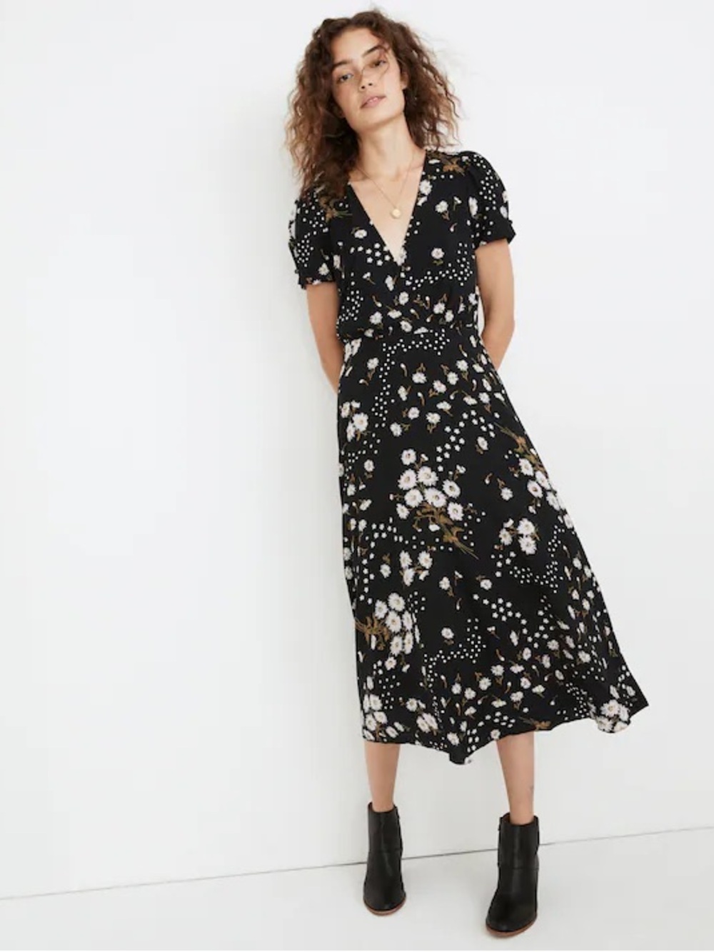 Madewell Puff-Sleeve Wrap-Front Midi Dress in Polka Daisies Women's 12